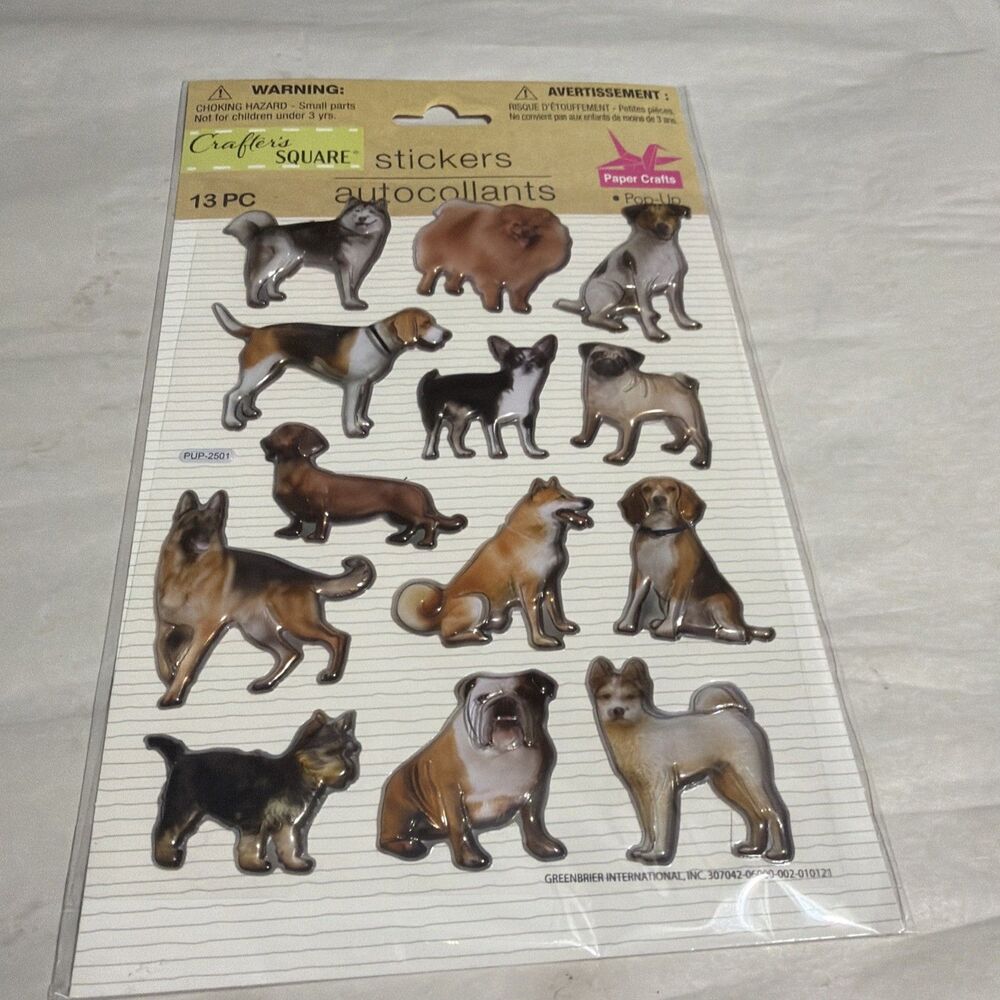 Crafters Square New 13 Pc 3D Puffy DOGS Stickers Puppy Pet Lover Scrapbook Journ